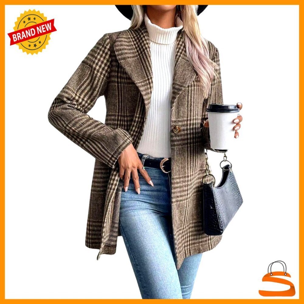 Vintage Plaid Wool Blend Blazer Coat Elegant Shawl Collar Trench Office Wear